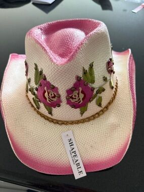 Scala Pink & White Floral Embroidered Western Hat